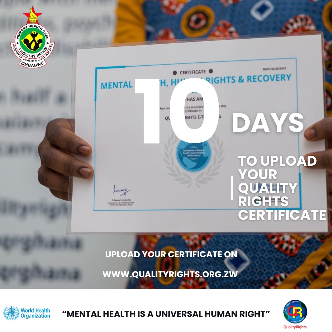 Great collaboration by CSO’s in Zimbabwe on targeting 2000 Quality Rights Certificates uploaded by #wmhd <a href="/WHO_Zimbabwe/">WHO Zimbabwe</a> <a href="/MoHCCZim/">Ministry of HealthZW</a> <a href="/Pamumvurizwe/">Pamumvuri</a> <a href="/OPHID_Trust/">OPHID</a> <a href="/MichelleFunk3/">Michelle Funk</a> <a href="/FloBaing/">Florence Baingana</a> <a href="/BenJackAdams/">Ben Adams</a> <a href="/friendshipbench/">Friendship Bench</a> <a href="/zhi4health/">Zimbabwe Health Interventions</a> <a href="/UNICEFZIMBABWE/">UNICEF ZIMBABWE</a> <a href="/mt_reloaded23/">Mubatirapamwe PVO (104/23)</a> <a href="/tdzuda/">iCon.Bee🐝</a> <a href="/DebraMachando/">Debra Machando</a>