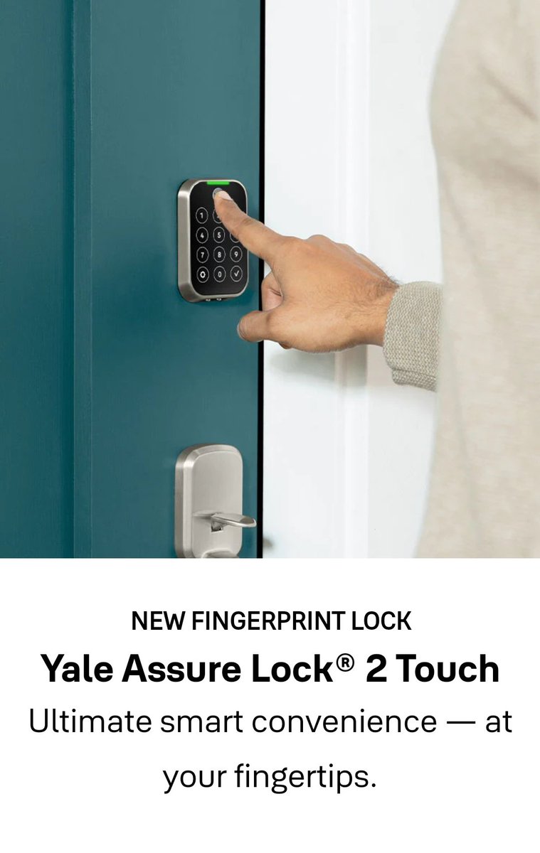 Bentyl50's tweet photo. #Yale has announced the release of a new 'Assure Lock 2 Touch', its first #fingerprint #smartlock
Ping @FingerprintCard
https://t.co/6hatLRrm4E https://t.co/lVd06YVaLg
