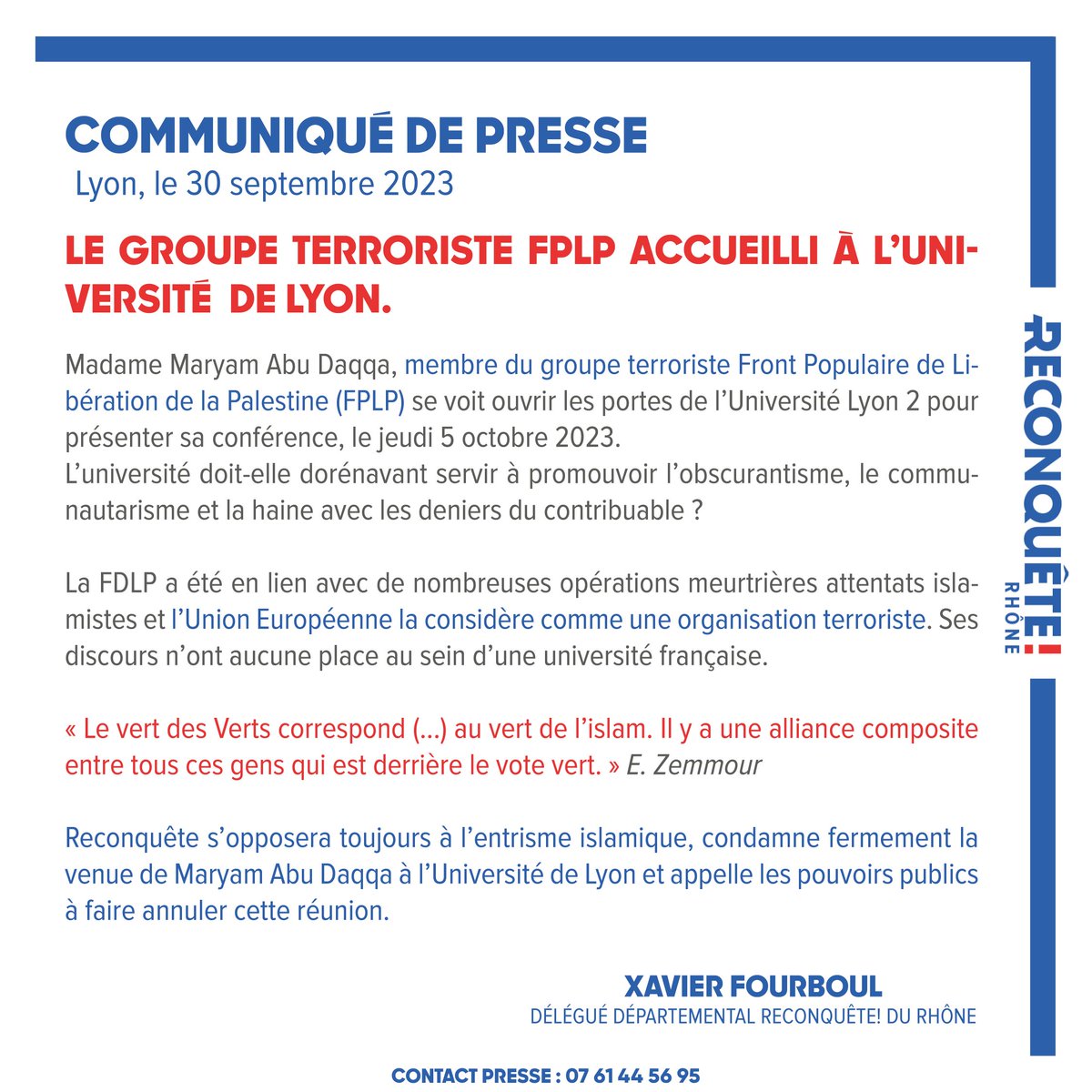 ReconqueteRhone's tweet photo. 🚨 Une membre du groupe terroriste FPLP doit intervenir à l'@univ_lyon2  : #Reconquête Rhône demande l'annulation de cette réunion révoltante. https://t.co/1MkH2k8XB7