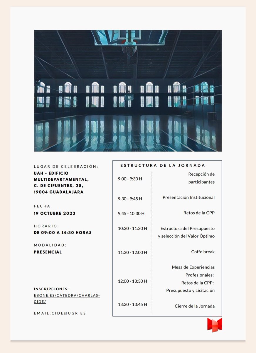 La Cátedra en Innovación Deportiva EBONE de <a href="/UAHes/">Universidad Alcalá</a> org. Seminario sobre " SELECCIÓN DEL VALOR ÓPTIMO YDETERMINACIÓN DEL PRESUPUESTO ENLICITACIONES DE SERVICIOSDEPORTIVOS " el próximo 19/10/23 en el Edificio Multidepart. de Guadalajara-UAH. inscripción: lnkd.in/dyE6BUKb
