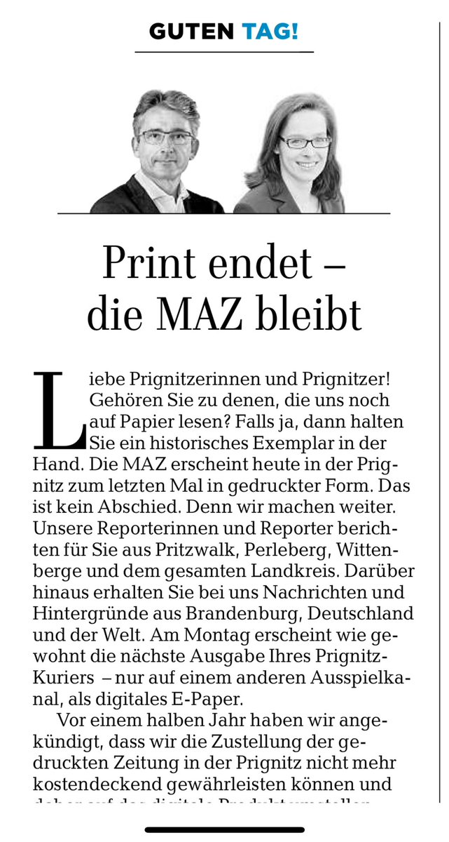 hannah_suppa's tweet photo. Heute erscheint die letzte gedruckte Lokalzeitung der Märkischen Allgemeinen (@maz_online ) im Landkreis Prignitz. Doch es ist ein Neuanfang, weil wir digital so stark sind wie nie - dank Relevanz- und Transformationsarbeit des Teams @KathrinGottwal1 @henry_lohmar @DenniKlein (1) https://t.co/ni2xP48qtC