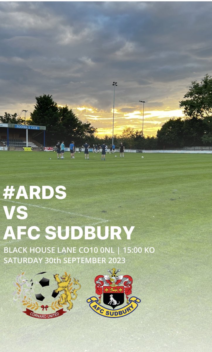 Cornard United F.C (@cornardutdfc) on Twitter photo 🔵⚪️ WE NEED YOUR SUPPORT TODAY IN THE DERBY 🔵⚪️
📝 #ARDS Vs <a href="/AFCSudbury/">AFC Sudbury</a> Res
🗓 Saturday 30th September 2023
⏰ 15:00 Kick Off
🏟 Blackhouse Lane
📍 CO10 0NL
🏆 Thurlow Nunn League
🎟 £6 Adults, £4 Concession, U16s FREE
🍔 Hot Food
🍺 Bar Open 🔵⚪️ WE NEED YOUR SUPPORT TODAY IN THE DERBY 🔵⚪️
📝 #ARDS Vs <a href="/AFCSudbury/">AFC Sudbury</a> Res
🗓 Saturday 30th September 2023
⏰ 15:00 Kick Off
🏟 Blackhouse Lane
📍 CO10 0NL
🏆 Thurlow Nunn League
🎟 £6 Adults, £4 Concession, U16s FREE
🍔 Hot Food
🍺 Bar Open