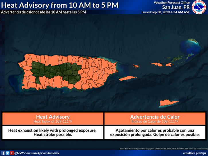 Buenos días y Feliz sábado🌤️
Para hoy:
🥵 Índices de calor de 108 a 111 grados en todas las zonas costeras y alrededores de la vecindad de Caguas. Por favor manténgase hidratado🚰
🌦️ Lluvias pasajeras por la mañana, seguidas de actividad por la tarde sobre el cuadrante suroeste.