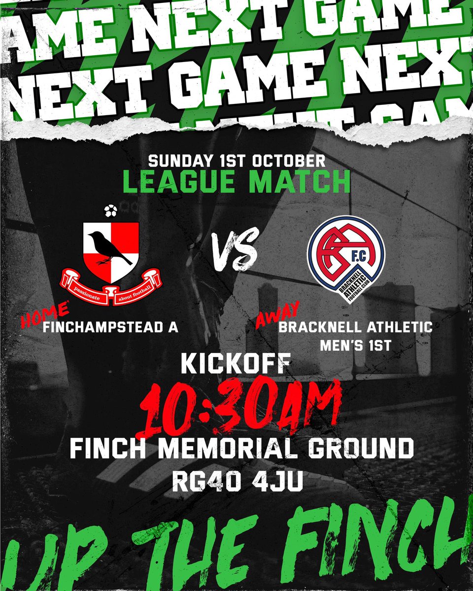 It’s Game Week!!!

The lads looking to bounce back and get themselves some points on the board! Up against an old foe, always a good game against <a href="/B_AthleticFC/">Bracknell Athletic FC</a> 

#UPTHEFINCH 🟢⚫️