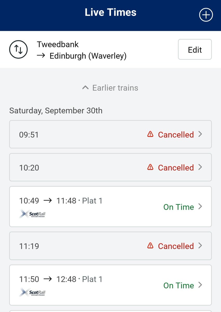 Hello @ScotRail what is the chances of the 10.49 actually running as need to get to Edinburgh for a 12.52 train