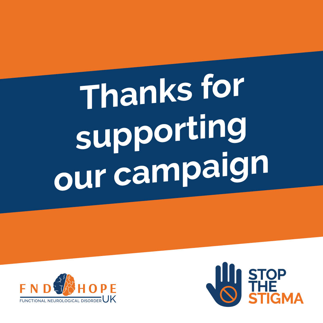 🙏 Thank you, thank you, thank you for supporting our campaign to ✋🚫 STOP the FND Stigma, this September.

Every like, share, tag and comment helps us to break down barriers to getting the support our community deserves.

🧡💙🧡💙🧡💙

#FND
#StopTheFNDStigma