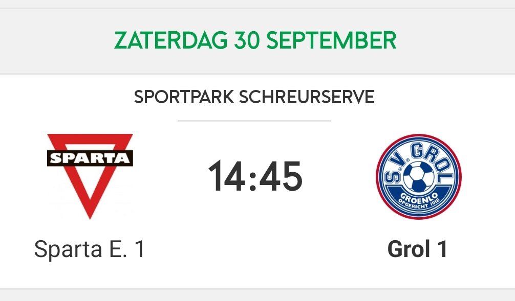 MATCHDAY!
Grol 1 speelt vanmiddag (zaterdag) om 14.45 uur bij Sparta E. in Enschede.
Heel veel succes!
