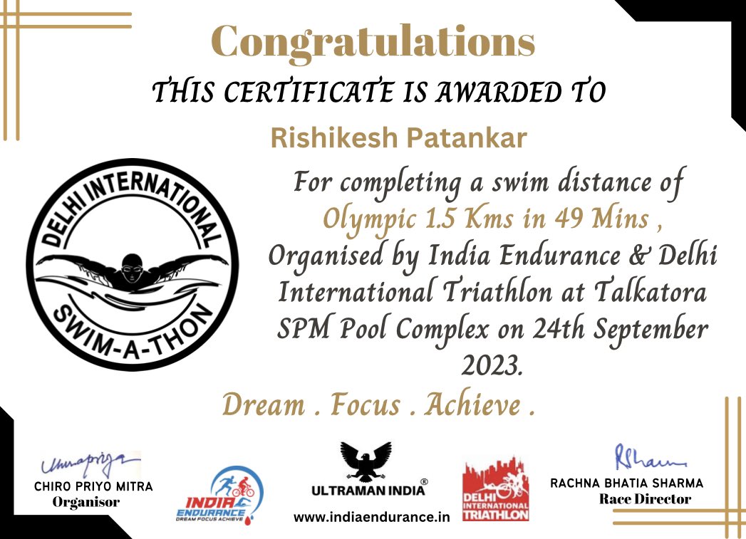 Excited to receive the certificate for swimming Olympic Distance 🏊‍♂️ 

#swimming 

If you want to learn to swim, jump into the water 🙏😊