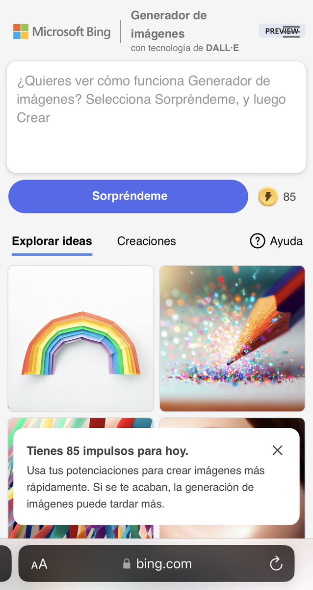 PhotoGarrido's tweet photo. Aparte de en el chat de Bing, se puede usar Dall-E 3 aquí también 👇

https://t.co/SvJxsyfs6N

Por si queréis ir directos a generar sin chat de por medio. 

Ojo cuidado que parece que hay 100 generaciones o “impulsos” por cuenta. No sé si se recargan ni cada cuanto 🤷🏻‍♂️. https://t.co/dWBimd82B4
