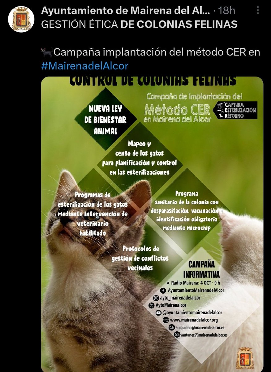 Bon dia <a href="/Xativa/">Ajuntament de Xàtiva</a> <a href="/rogerxativa/">Roger Cerdà i Boluda</a>, alguns exemples d'ajuntaments que SÍ han arribat a temps de complir amb la Llei de Benestar Animal (I)
<a href="/rogerxativa/">Roger Cerdà i Boluda</a> 
 #xativa #coloniasfelinas #leybienestaranimal