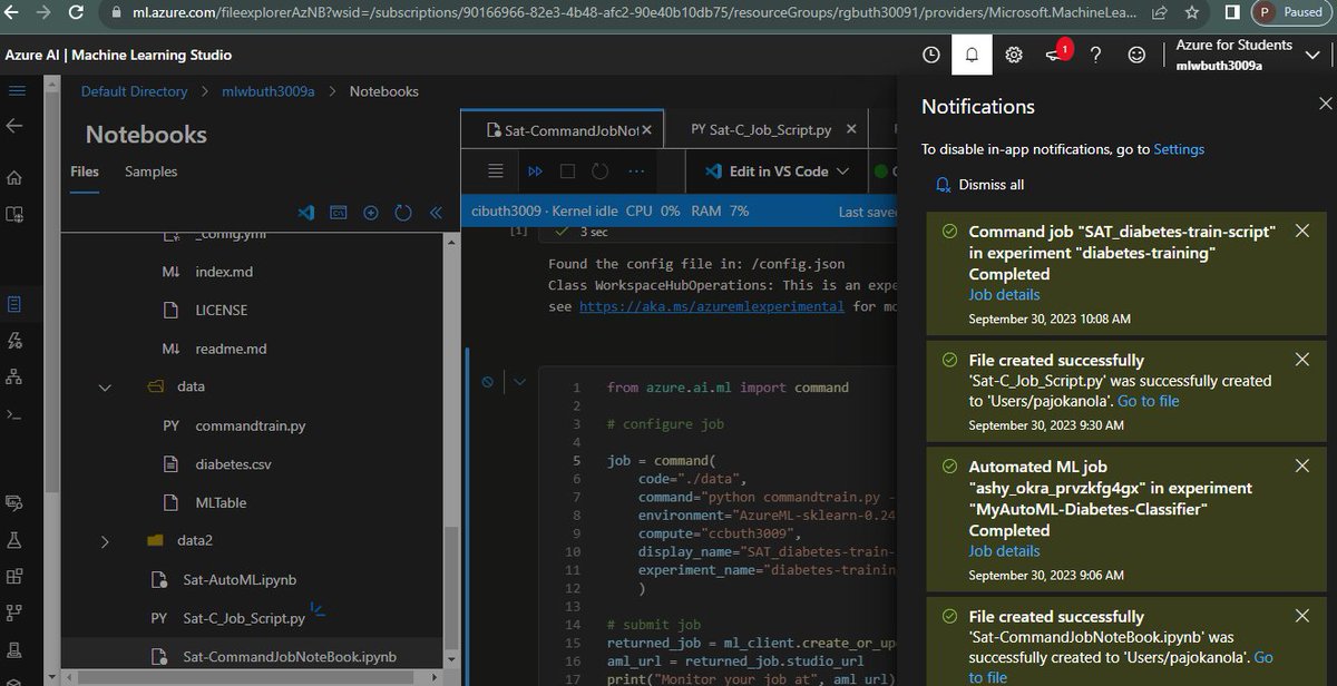 FavourphilicVic's tweet image. Saturdays when your job get completed on #Azure without getting into error &amp;gt;&amp;gt;&amp;gt;&amp;gt;&amp;gt;&amp;gt;&amp;gt;&amp;gt;&amp;gt;&amp;gt;&amp;gt;&amp;gt;

AutoML on #Azure using compute clusters✅  
Running a script as command job using compute cluster ✅
#AzureMachineLearning #DSN