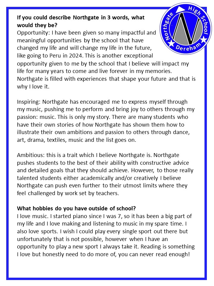 Next up from our Year 11 Leadership Team with his profile is Head Boy, Emmanuel. Thank you to Emmanuel for giving an insight into why he wanted to become Head Boy and what Northgate has to offer our students.
#NorthgateWay #Headgirl #gettingtoknowyou #proud #leadershipteam