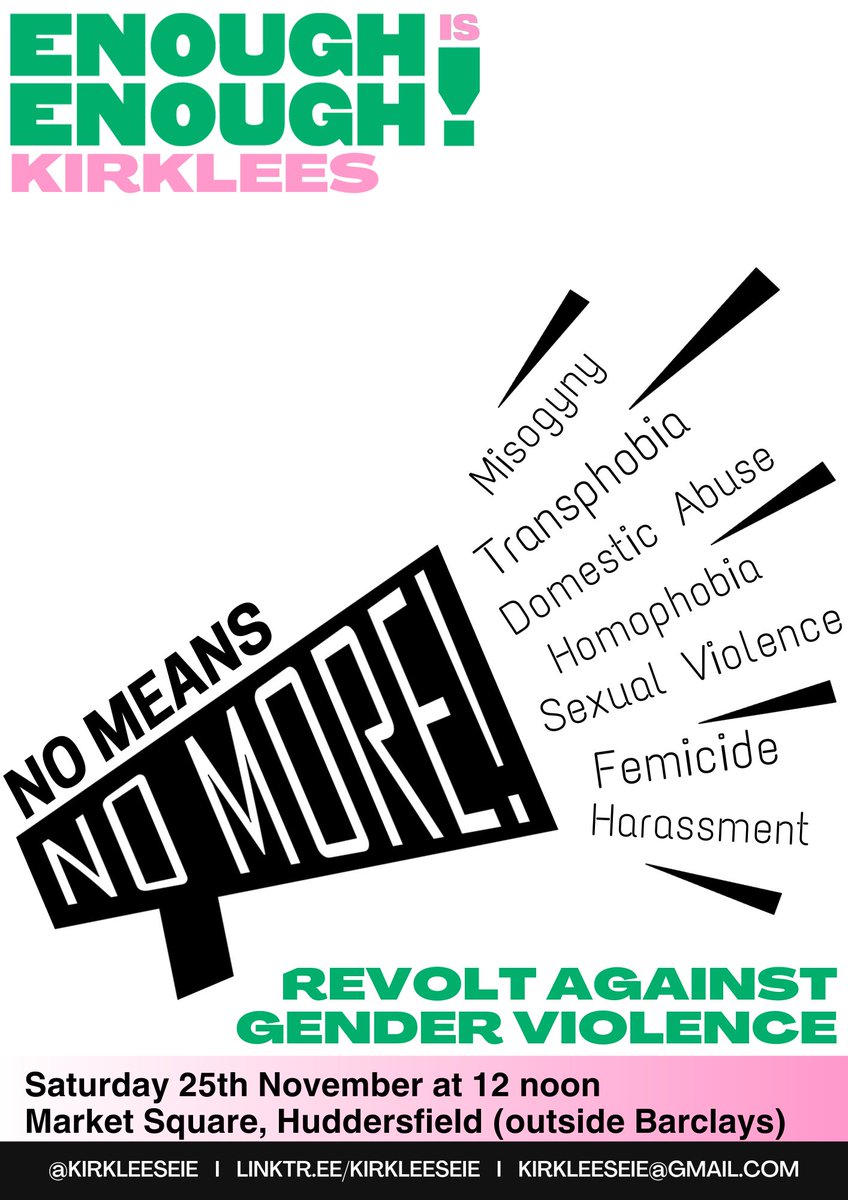 Join us at our next public meeting Thursday 5th October, 7pm, Huddersfield Irish Centre, Fitzwilliam Street.

We'll be discussing plans for our protest against misogyny and transphobia on 25th November