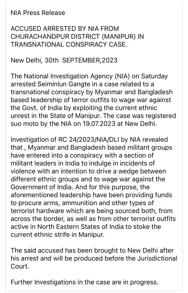 Chin Kuki Leader Arrested by NIA for conspiring with Myanmar &amp; Bangladesh terror outfits to manufacture Violence in Manipur

The TRUTH is coming out

#SaveMeiteisfromKukiTerrorist #NarcoTerrorism #Manipur #KukiTerrorists #Meiteis #Noseparateadministration #ManipurViolence