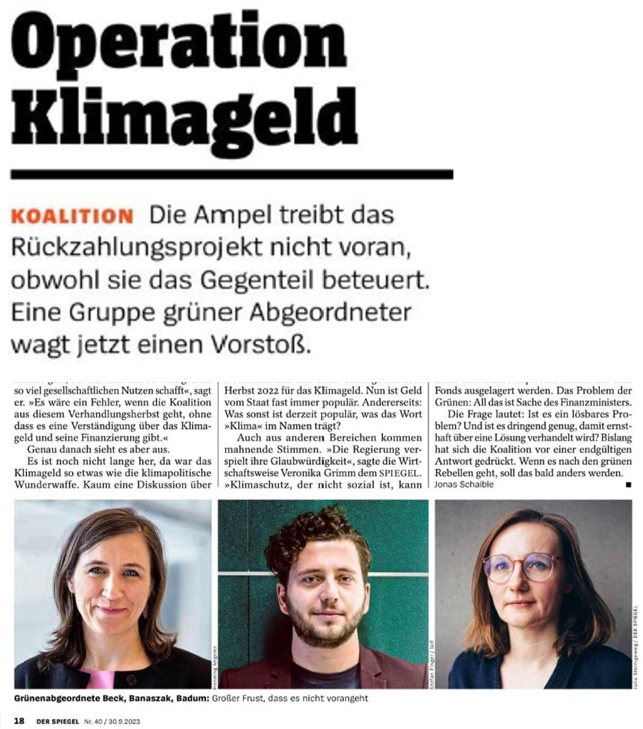 #Klimageld = zentral wichtig &amp; im Koa-Vertrag vereinbart

Jetzt sollte es endlich umgesetzt werden. Aber: Seit >1 Jahr doktert das Finanzmin. an einem #Auszahlungsmechanismus herum...

"Daran kann es in einem Land wie 🇩🇪 wirklich nicht scheitern" - habe ich <a href="/derspiegel/">DER SPIEGEL</a> gesagt