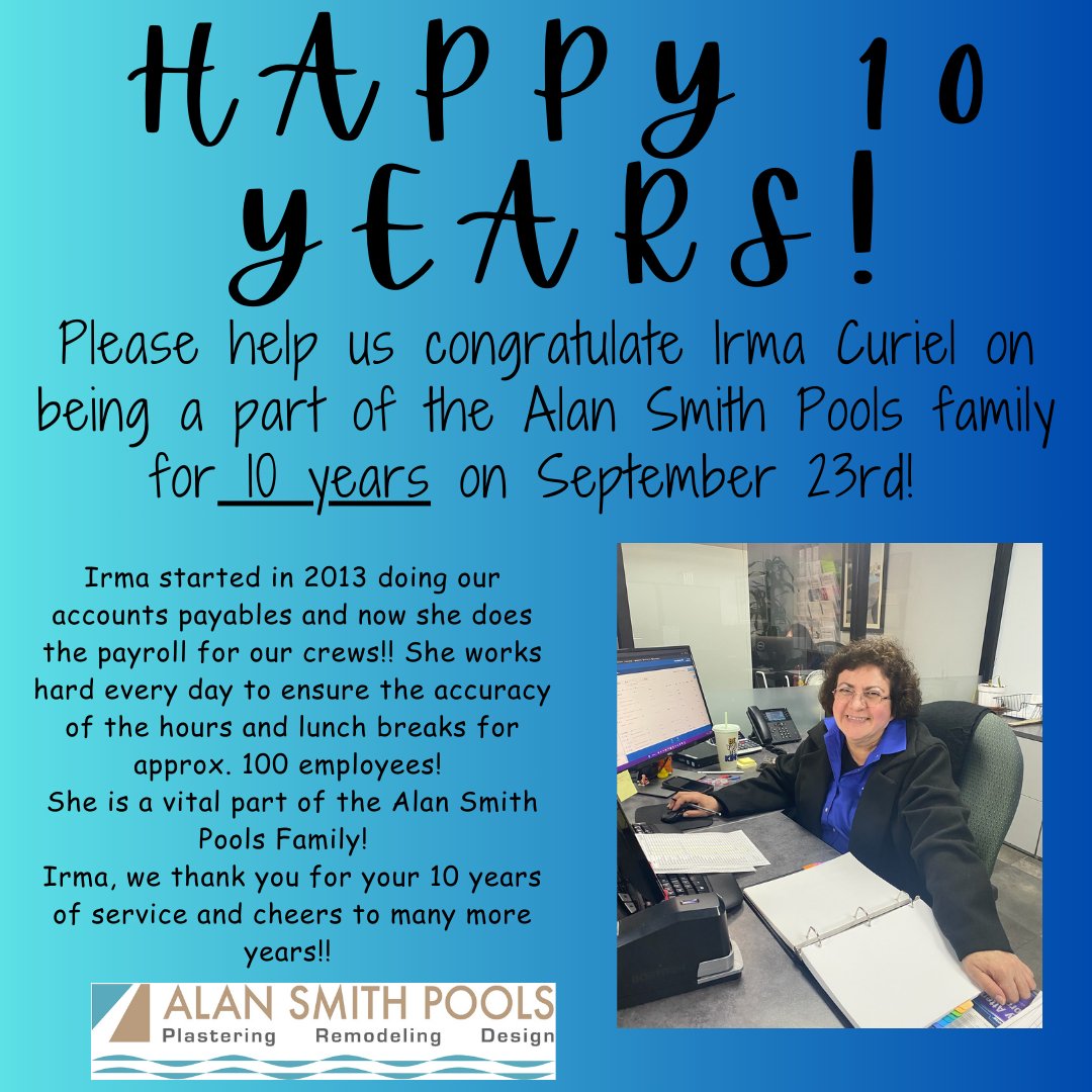 PoolRemodeling's tweet image. Happy 10 years!  Thank you, Irma, for 10 years of Service to Alan Smith Pools. 
#alansmithpools #greatemployees #happy10yearsirma