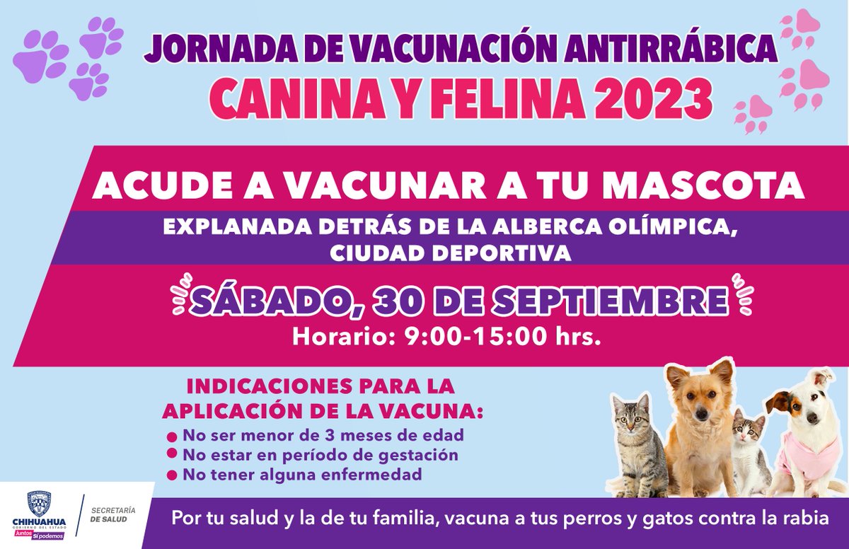 Este 30 de septiembre, puedes proteger a tu mascota contra la rabia.
Acude al módulo instalado en la Ciudad Deportiva, en la explanada detrás de la Alberca Olímpica, en un horario de 9:00 a 15:00 horas.
Por tu salud y la de tu familia, vacuna a tus perros y gatos contra la rabia.