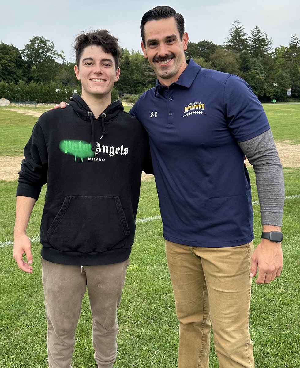MrBerry11's tweet photo. Surprise visit from the Comeback Kid, @brandtm18 was a nice reminder that sports mean much more than wins and losses. Regardless of what happens during a season, you always gotta #BELIEVE - on to the next one today! @JerichoFootball let’s leave it all on the field #rollJAYHAWKS https://t.co/SoUR9dW5uj