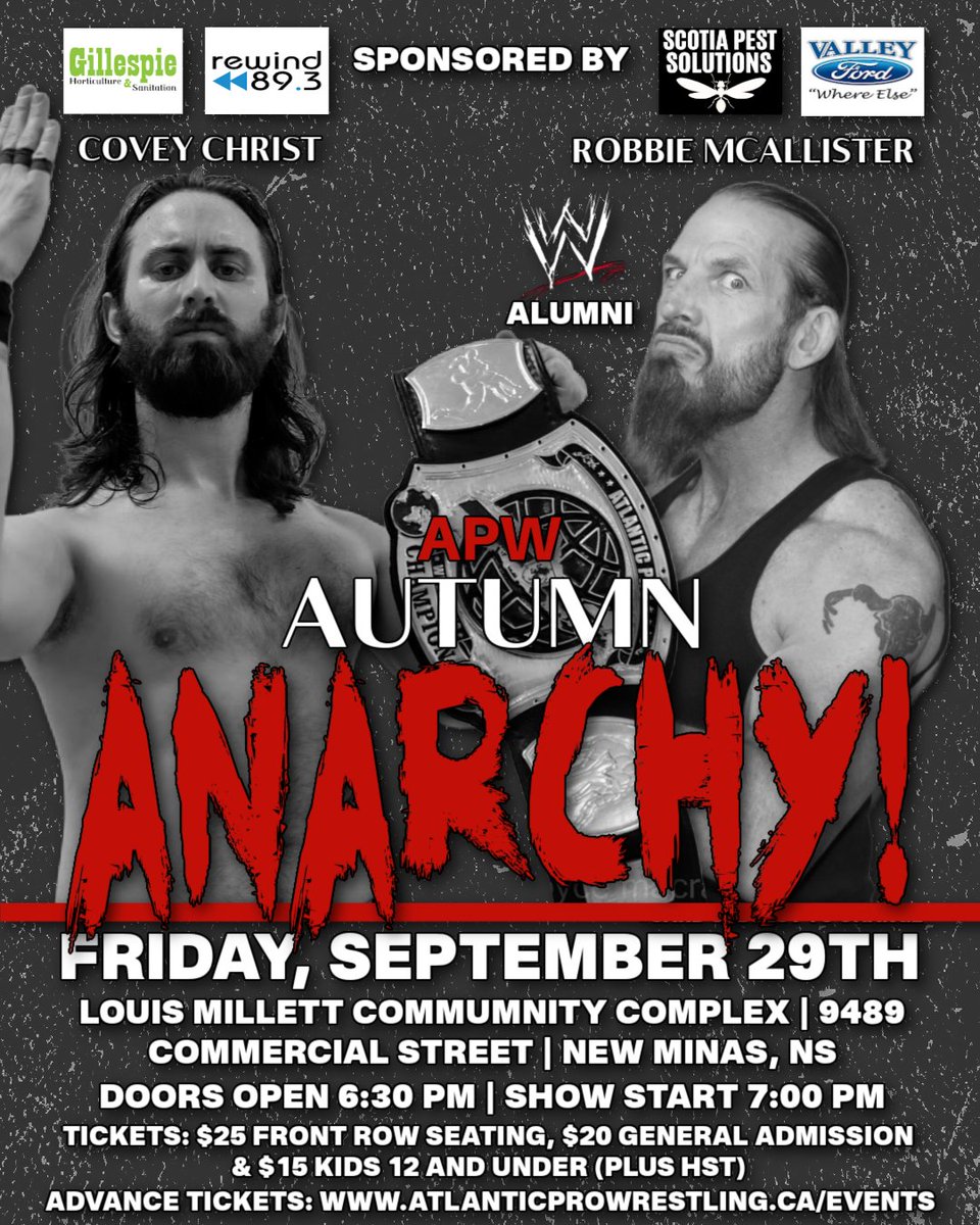 AtlanticPW's tweet photo. Results from Autumn Anarchy! From the Louis Millett Community Complex last night.

- Mya Malek def. Ryan Dennim via. pinfall

- Draven Kyuss def. Ian Pratt via. pinfall

- Justine Ward def. Daniel Wall via. pinfall

- Thad Howett def. Bobby Boyette via. pinfall 

- Hollywood Cole - Professional Wrestler def. Benoit Gravel via. pinfall

And in the Main Event

- Covey Christ def. Robbie McAllister via. pinfall to retain the APW Championship 

#prowrestling #indywrestling #supportmaritimewrestling #maritimewrestling #indywrestlingrules #indywrestlers #novascotia