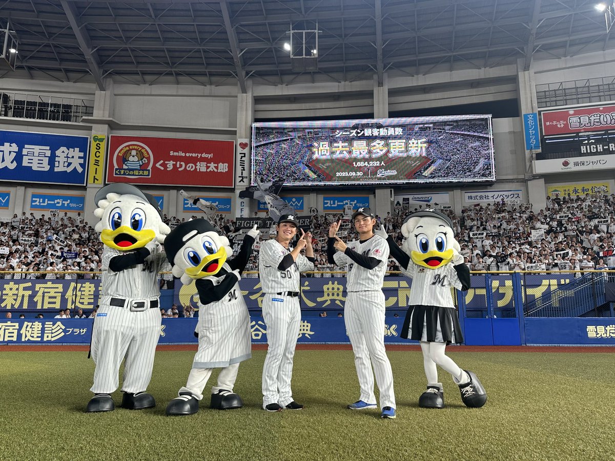 chibalotte_pr's tweet photo. 本日の試合で、公式戦主催試合の観客動員数が 1,684,232名に達し、2019年の記録を抜き、過去最多観客動員数となりました！ いつもいつも熱い声援を送ってくださるマリーンズファンの皆さんのおかげです！ CS出場へ向け、残り7試合マリーンズは、勝ち続けます。明日も勝ちましょう！
#chibalotte #広報 #石川慎吾 #中森俊介