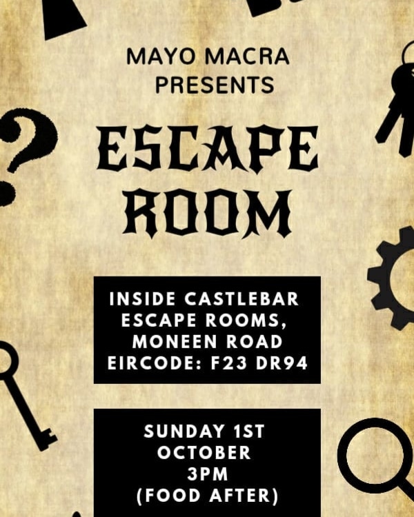 Mayo Macra (@mayo_macra) on Twitter photo The Mystery deepens tomorrow as we visit the escape rooms in Castlebar at 3PM, all are welcome to join and take on the challenge! We will also go for food afterwards which is sure to be well earned 😄 🔍❓#macra #mystery #escaperoom The Mystery deepens tomorrow as we visit the escape rooms in Castlebar at 3PM, all are welcome to join and take on the challenge! We will also go for food afterwards which is sure to be well earned 😄 🔍❓#macra #mystery #escaperoom