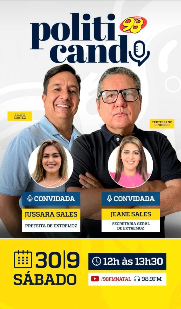 Imperdível programa politicando na <a href="/98FMNatal/">98 FM Natal</a> com <a href="/tertulianop/">Tertuliano Pinheiro</a> e <a href="/felipecortezadv/">Felipe Cortez</a>