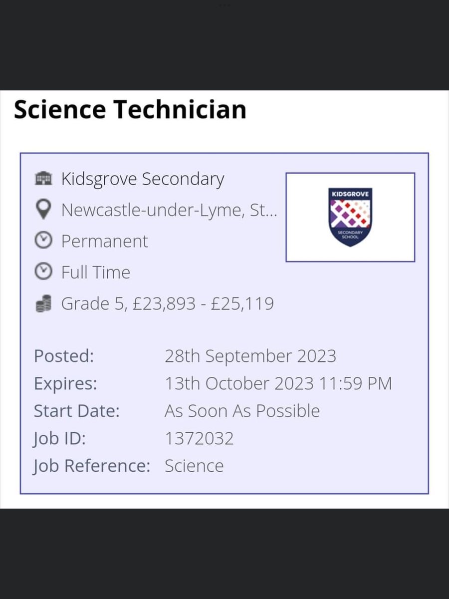 To my fellow techs - If anyone is interested, it is a sister school within my trust. Nice department as I have helped support them in the past plus next year they will be getting 2 new labs and a new prep room.