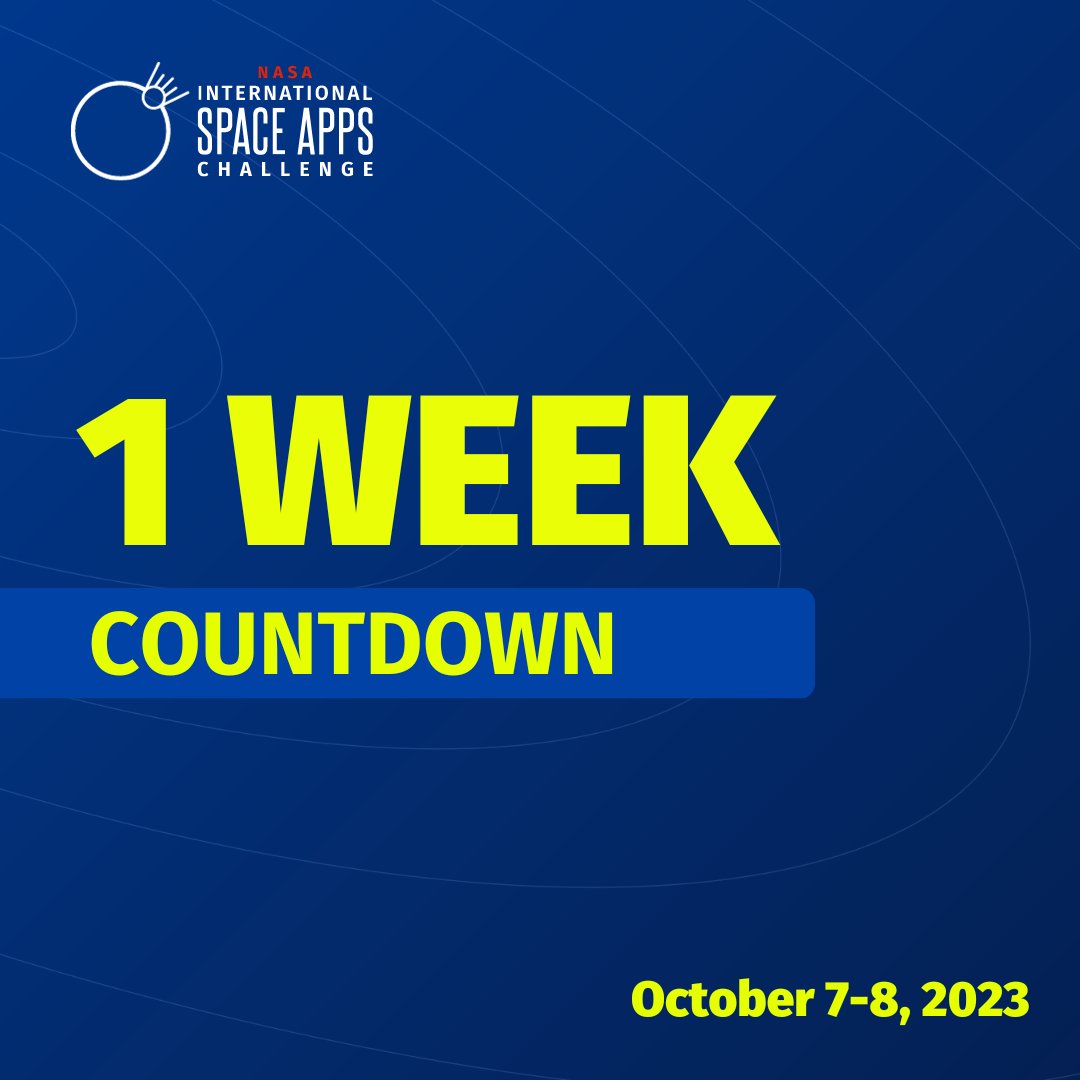 1 week until the <a href="/NASA/">NASA</a> Space Apps Challenge! 😱

🚀 Register: bit.ly/46IBslI 
🚀 Choose a Local Event: bit.ly/48AtbBs 
🚀 Select a challenge: bit.ly/3QT5NbB 
🚀 Form a team: bit.ly/3PV2xvJ 
🚀 Join #SpaceApps Connect: bit.ly/461RjLo