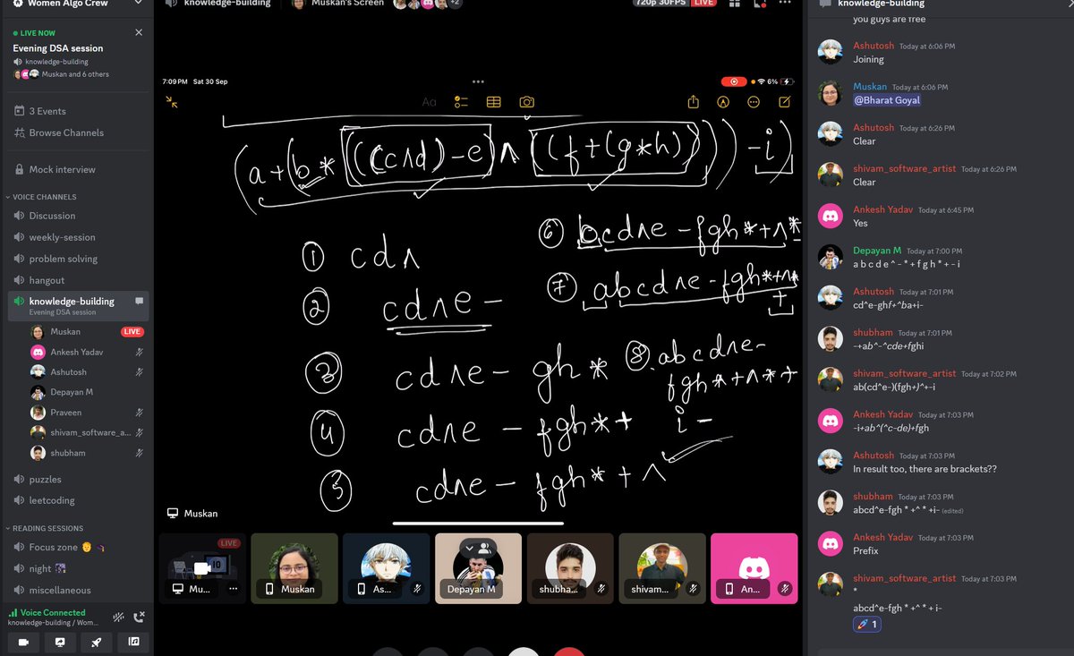 WomenAlgoCrew's tweet photo. Learning is so much fun when people show up. It fills the room with enthusiasm and free flow of discussions happens. 

Today we discussed a problem on the stack DS- Next greater number 

Also we learnt converting infix to prefix and postfix expression. https://t.co/QlL5vNTTKX