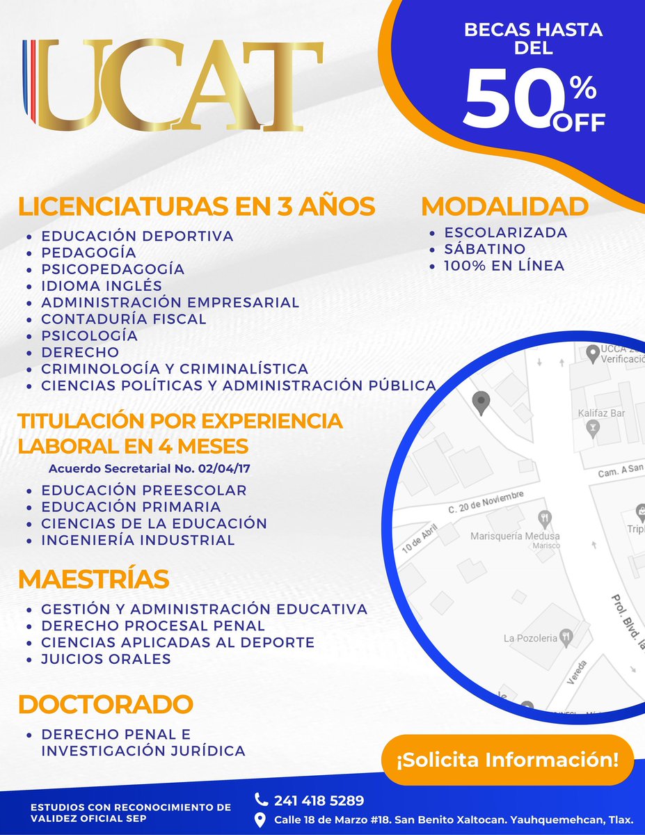 📲 #UCAT | Aún estas a tiempo de inscribirte con nosotros | Inscripciones Abiertas | Calle 18 de Marzo Num.18 San Benito Xaltocan, Yauhquemhecan, Tlaxcala | 241 41 852 89 | 241 125 1899 
@ucattlax
facebook.com/ucattlax