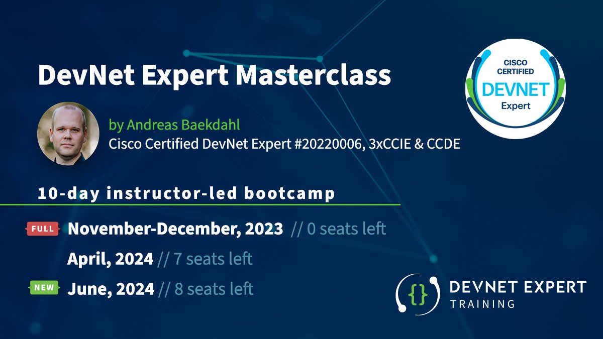 devnettraining's tweet image. While all seats for the DevNet Expert Masterclass in 2023 are now fully booked, I still get enquires about future bootcamps. So I have now opened up for registration for April and June, 2024. 
#DevNet #CCDevE #DevNetExpert #NetworkAutomation
