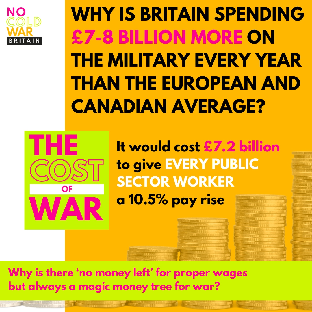 Why is Britain spending £7-8 billion more on the military every year than the European and Canadian average?

It would cost £7.2 billion to give every public sector worker a 10.5% pay rise.

#WagesNotWar