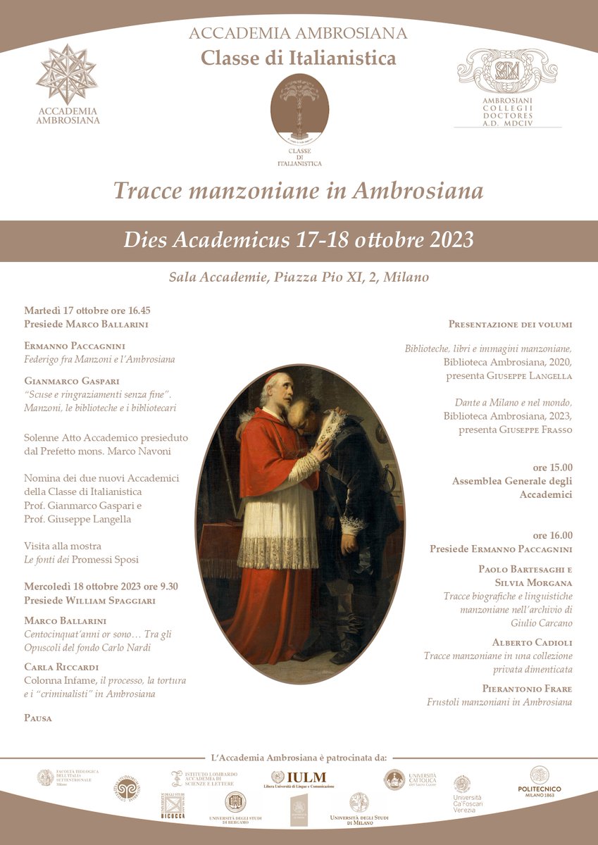 17-18 #Ottobre 2023
Tracce #manzoniane in #Ambrosiana
#Milano #Manzoni #Manzoni150 #eventi #news #promessisposi #italianistica #letteraturaitaliana