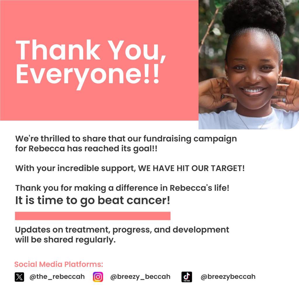 the_rebeccah's tweet photo. Hello Everyone,

Words cannot express how profoundly grateful I am for the incredible support that helped us reach our fundraising goal for my breast cancer treatment. 

Your generosity has been my anchor and more than sufficient during this challenging journey. 

Today, I want to officially close my fundraising campaign, knowing that we've achieved something truly remarkable together.

As I prepare for my first chemo session in two weeks, I want you all to know that I'll keep you in the loop with regular updates on my progress.

Your unwavering support has filled my heart with hope and strength💕

#BlessedAndGrateful 
#UnitedInHope
#gratitudeoverflows
#keepmeinyourprayers #Beccabeatscancer #Fightagainstcancer