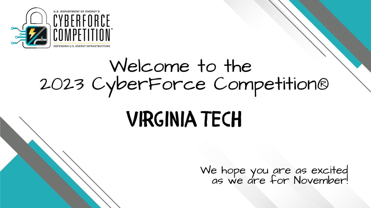 DOECyberForce's tweet photo. Welcome to the 2023 CyberForce Competition® @virginia_tech. So happy to see you back! We hope you are as excited for November as we are!! Go Hokies!!! #VirginiaTech #Hokies #cyberforcecompetition https://t.co/0sY2wM5WX1