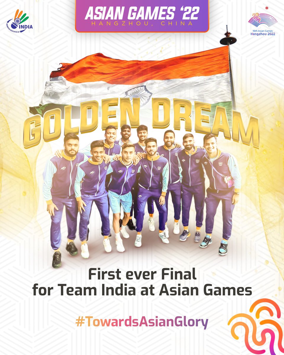 FIRST-EVER FINAL FOR TEAM INDIA AT ASIAN GAMES 🥹🇮🇳

Proud of you boys, go for gold! 🙌

<a href="/himantabiswa/">Himanta Biswa Sarma</a> | <a href="/sanjay091968/">Sanjay Mishra</a> | <a href="/lakhaniarun1/">Arun Lakhani</a> 

#TowardsAsianGlory
#AsianGames2022
#AsianGames
#TeamIndia
#IndiaontheRise
#BadmintonTwitter
#Badminton