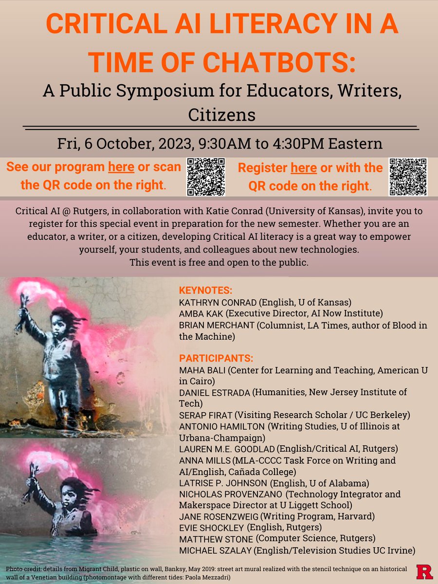 #CriticalAI welcomes LATRISE JOHNSON from U Alabama for 10/6 #CriticalAILiteracy in a Time of Chatbots. 

She'll talk about ongoing work teaching "writing the self" to vulnerable students and how "gen AI" might change that. 

Full program/reg links here sites.rutgers.edu/critical-ai/ev…