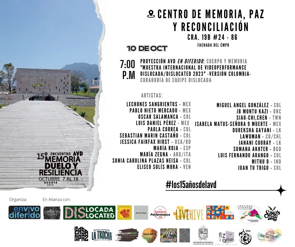 lamarierouge's tweet photo. ✨ Feliz de que a miña peza #CLAREO forme parte do 15º AVD Encuentro de Acción en Vivo y Diferido, dentro da #MuestraDislocada. A cita será o vindeiro 10 de outubro, no CMPR de Bogotá.

#los15añosdelavd #performance #artedeaccion #actionart #videoperformance https://t.co/XttP8P6znS
