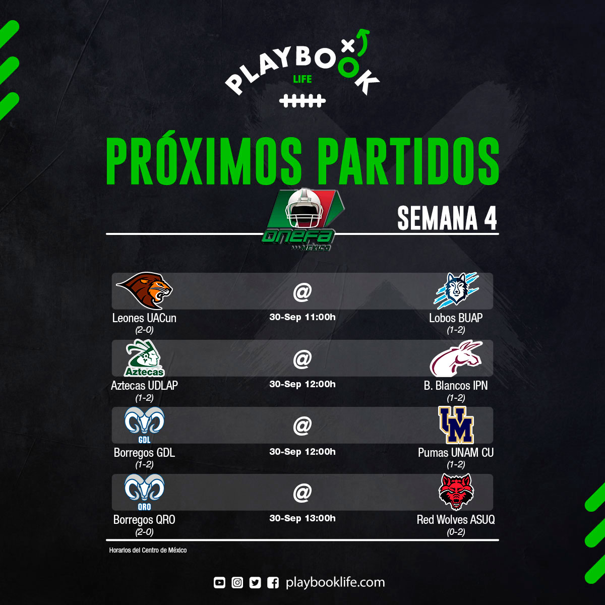 playbook_life's tweet photo. Playbook Life te presenta los partidos sabatinos matutinos de la Semana 4 de la Temporada 2023 de la Liga Mayor de la ONEFA
#PlaybookLife #footballamericano #HablemosDeFootball #enjoyfootballamericano #PorElAmorAlFootball #ONEFA https://t.co/pyrfNGBnKu