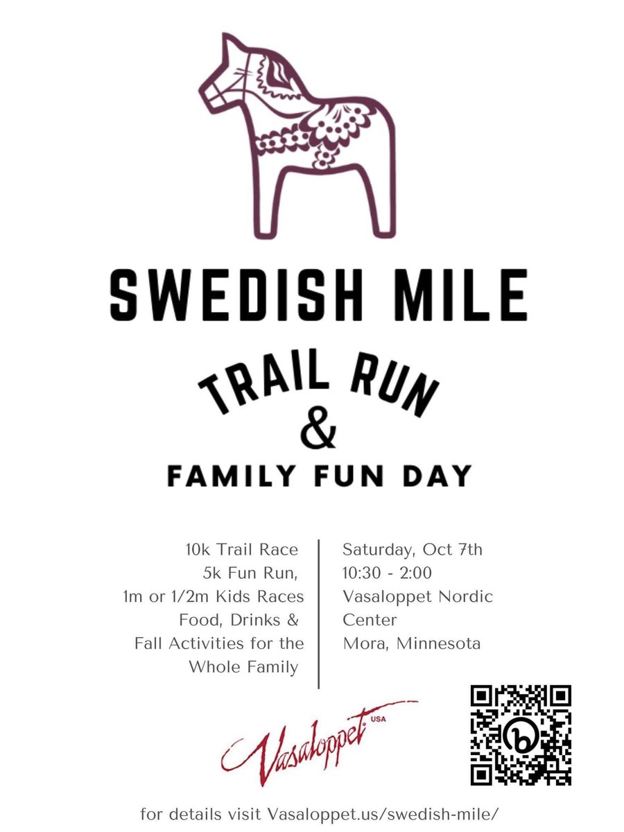 The Swedish Mile trail run and family fun day is o my one week away. Register now and join in the fun! runsignup.com/Race/MN/Mora/S…