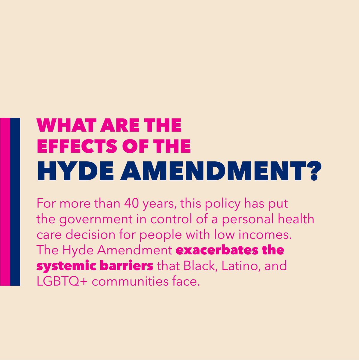 PPact's tweet photo. For 47 years, anti-abortion politicians have used the Hyde Amendment to deny abortion coverage for people working to make ends meet. Since day 1, this policy has most harmed people of color, young people, and immigrants. https://t.co/Ndj2rCa1NT