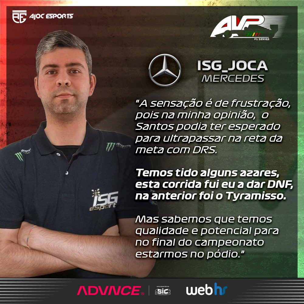 avpf1series's tweet photo. Foi uma ronda 3 azarada para a equipa da @ISGeSports 🫠

O que tens achado da prestação da @ISGeSports até ao momento? 🤔

#AVPF1Series #Formula1 #F1Esports #AdvnceSIC #Webhs #AJOC #Gaming #Twitch https://t.co/qU999XiIIC