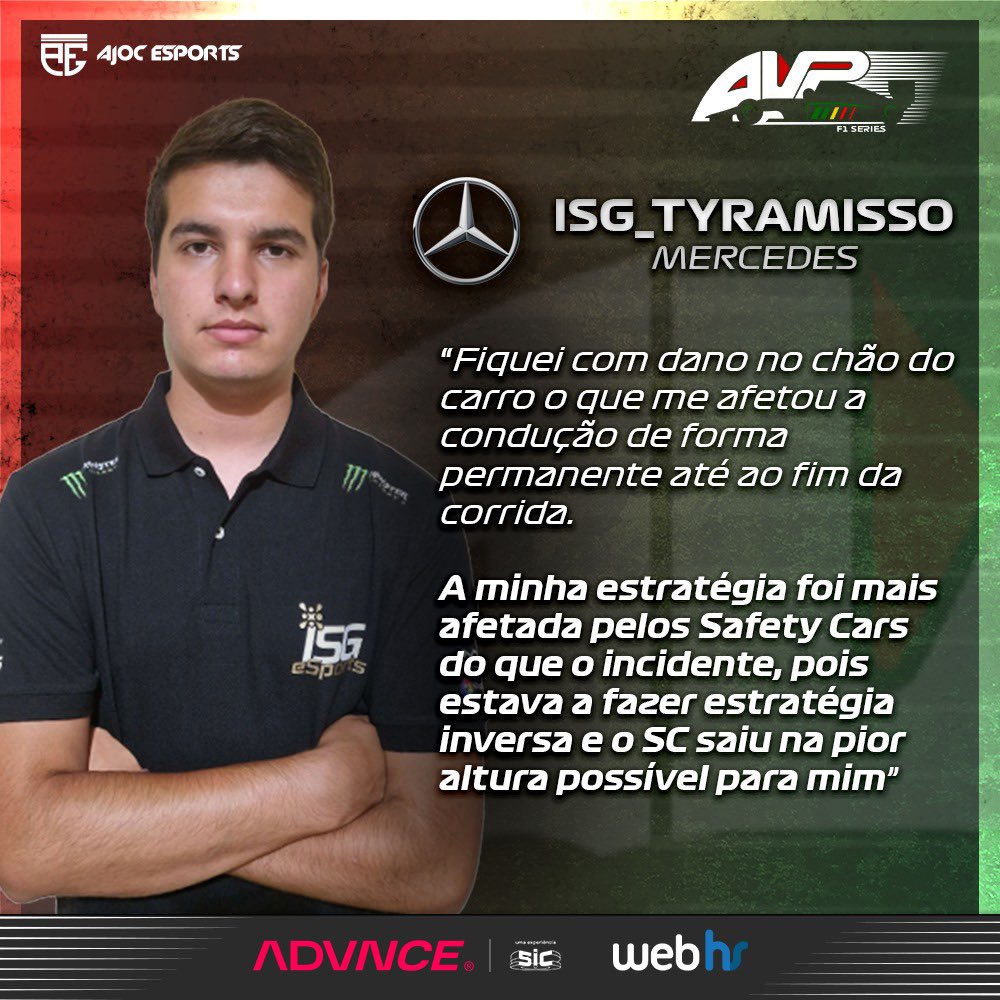 avpf1series's tweet photo. Foi uma ronda 3 azarada para a equipa da @ISGeSports 🫠

O que tens achado da prestação da @ISGeSports até ao momento? 🤔

#AVPF1Series #Formula1 #F1Esports #AdvnceSIC #Webhs #AJOC #Gaming #Twitch https://t.co/qU999XiIIC
