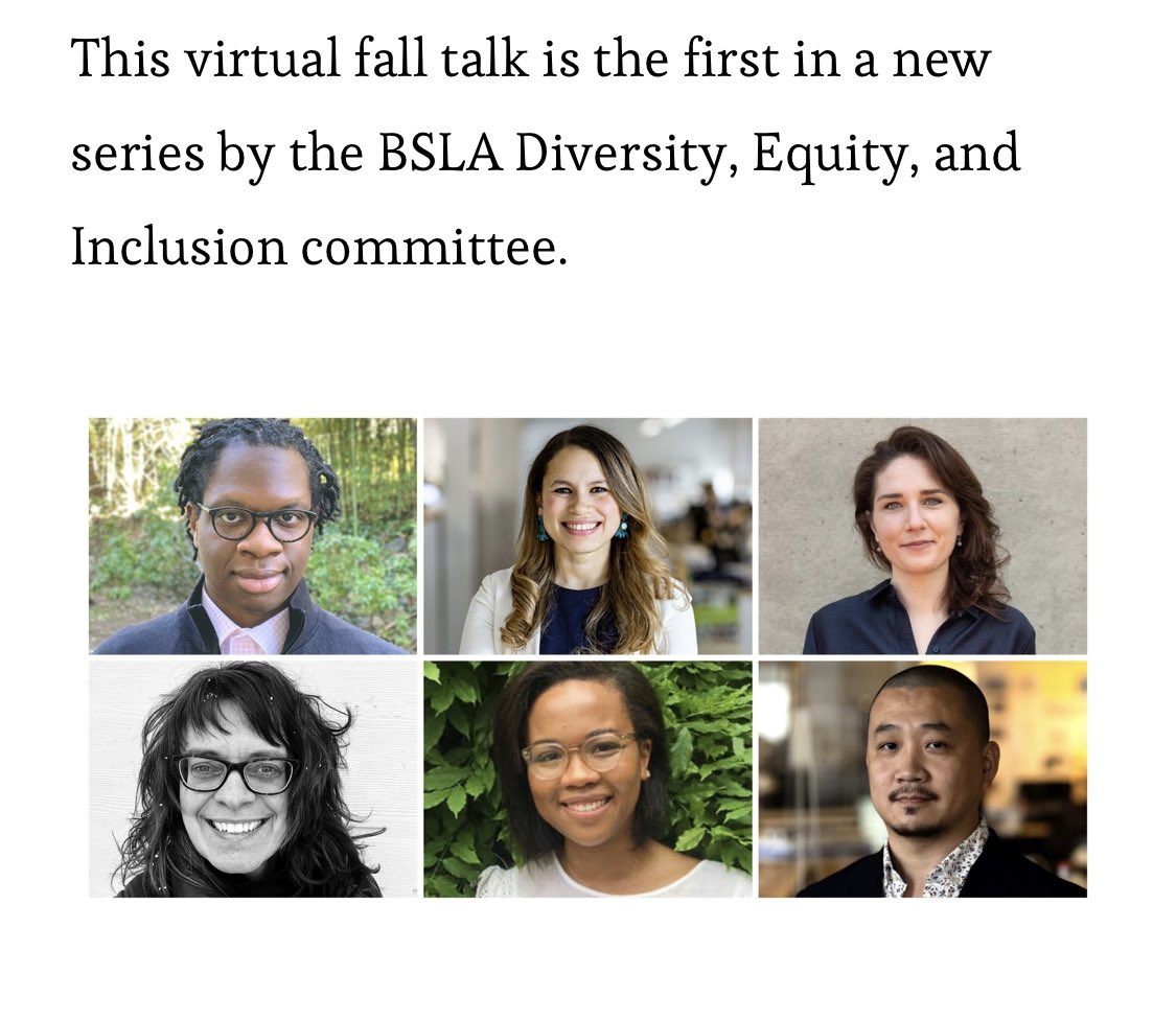 Honored to moderate this long overdue discussion on the individual and diverse journeys to #landscapearchitecture this Thursday, Oct 5, Please join us. Info and link on <a href="/BSLAOffice/">BSLA/Boston Society of Landscape Architects</a> website #thisislandscapearchitecture #DEI