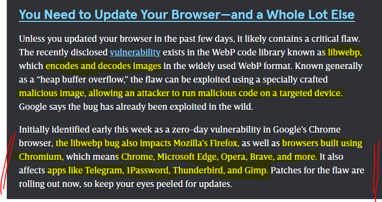 LapisDemon's tweet photo. Am mostly offline, Idk if all know?

High-risk #libwebp vulnerability

Update *not only* chromium-based apps[Steam/Discord..]+browsers[Chrome/Edge/Opera/Brave..]

Firefox
Telegram/1Password/Thunderbird/Gimp
Idk atm if all patched

https://t.co/e9oeREyGT5

https://t.co/5bpfNRx9jB. https://t.co/gb7kbudnrL