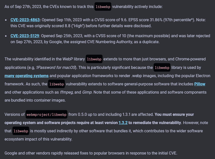 LapisDemon's tweet photo. Am mostly offline, Idk if all know?

High-risk #libwebp vulnerability

Update *not only* chromium-based apps[Steam/Discord..]+browsers[Chrome/Edge/Opera/Brave..]

Firefox
Telegram/1Password/Thunderbird/Gimp
Idk atm if all patched

https://t.co/e9oeREyGT5

https://t.co/5bpfNRx9jB. https://t.co/gb7kbudnrL