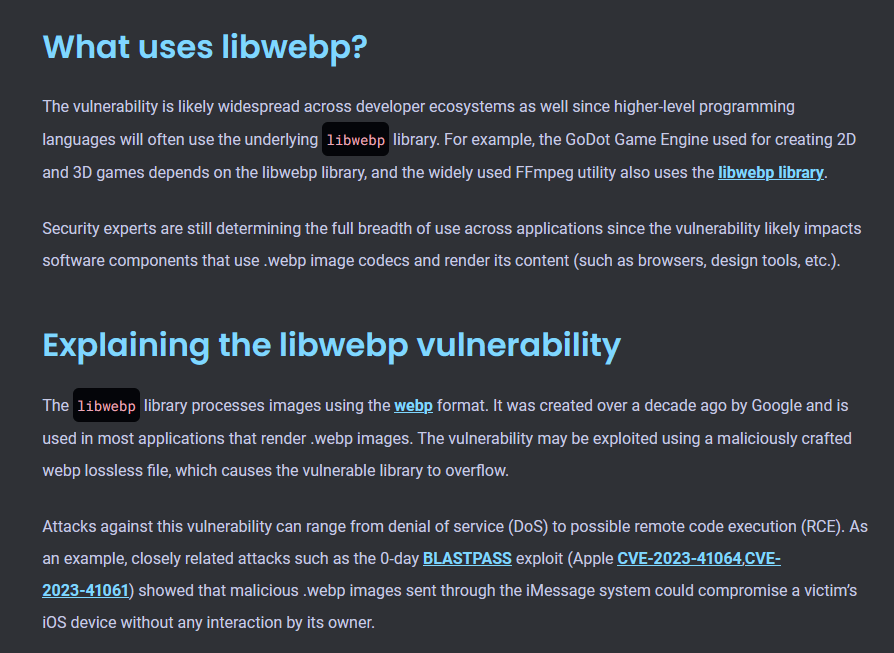 LapisDemon's tweet photo. Am mostly offline, Idk if all know?

High-risk #libwebp vulnerability

Update *not only* chromium-based apps[Steam/Discord..]+browsers[Chrome/Edge/Opera/Brave..]

Firefox
Telegram/1Password/Thunderbird/Gimp
Idk atm if all patched

https://t.co/e9oeREyGT5

https://t.co/5bpfNRx9jB. https://t.co/gb7kbudnrL