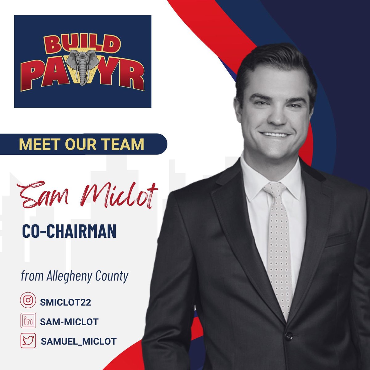 ThomasKutzPA's tweet photo. Meet the Build PAYR team! Over the next two weeks, we’ll be announcing our ticket here.
I’m thrilled to announce my good friend from Allegheny County @Samuel_Miclot as our #BuildPAYR candidate for co-chairman. Sam brings years of experience in Western PA races to the ticket. https://t.co/nFgpbab2fo