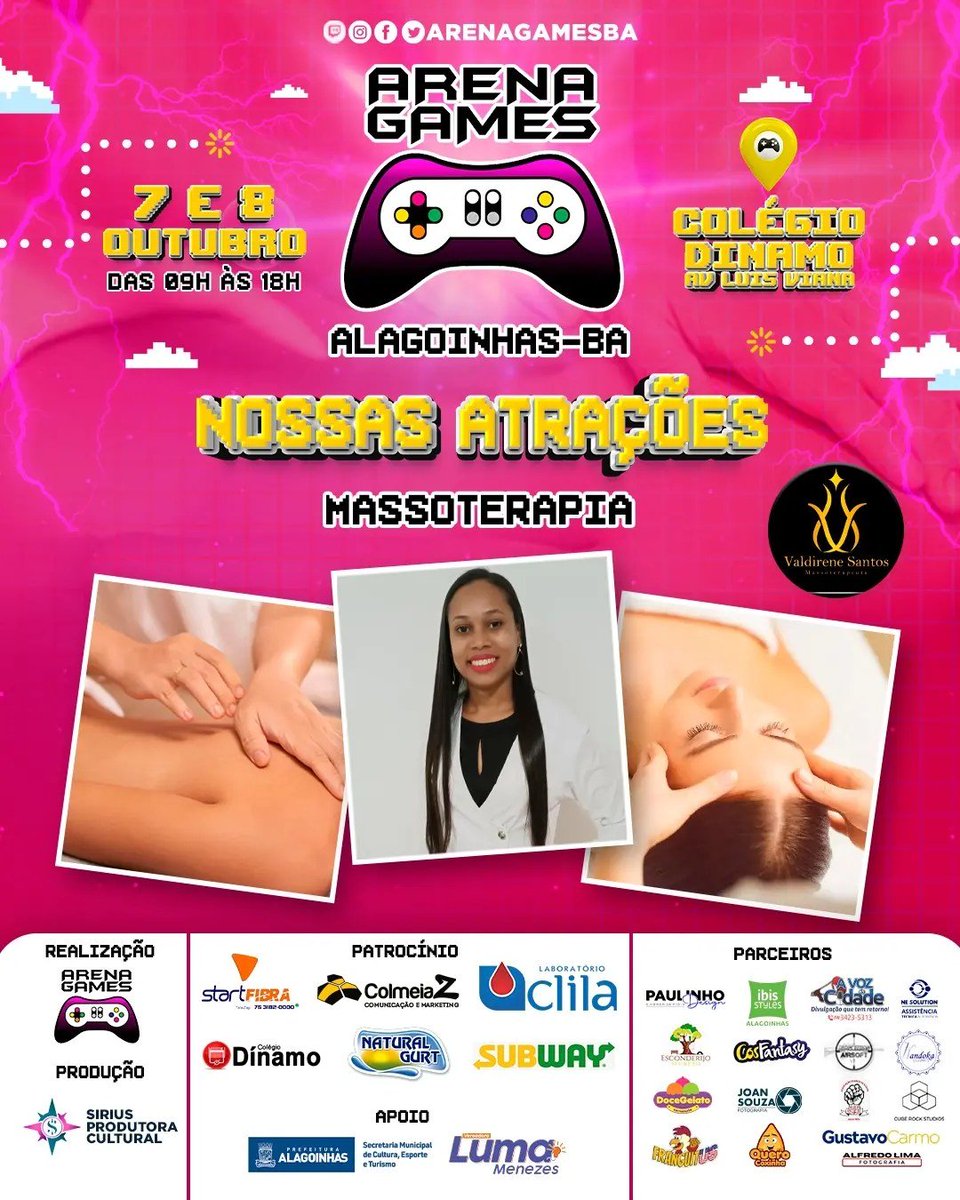 ArenaGamesBA's tweet photo. 🎉 Atração confirmada!

🤗 Quem não gosta de receber uma massagem?

💆‍♀️ Esse ano para seus pés cansados traremos a profissional @massoterapeutaleny.

⚠️ Atração paga!

#ArenaGamesBA #Massoterapia #Alagoinhas https://t.co/CFPvL4Roxn