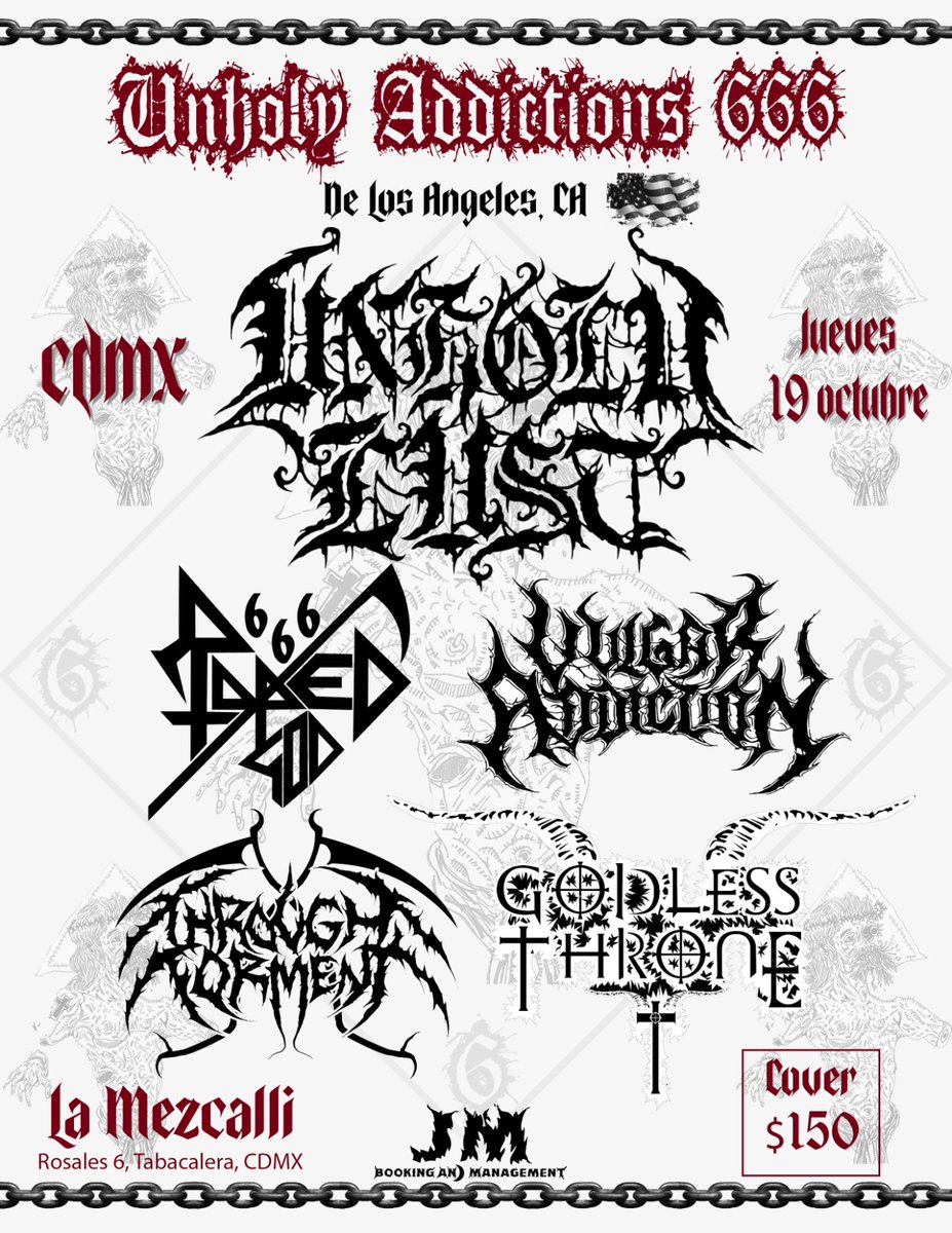 #UnholyAddictions666 facebook.com/events/s/unhol… @UnholyLust #RapedGod666 @VulgarAddiction #ThroughTorment #GodlessThrone @JocelynRG17 , @LaMezcalli , #CDMX , #concerts , #metal , #deathmetal #Blackmetal #ThrashMetal #extrememetal